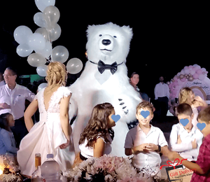 The White Polar Bear came to the wedding to deliver the gift to the bride and groom. Gift Delivery. Wedding gift. Polar bear surprise. White Polar Bear at the wedding.